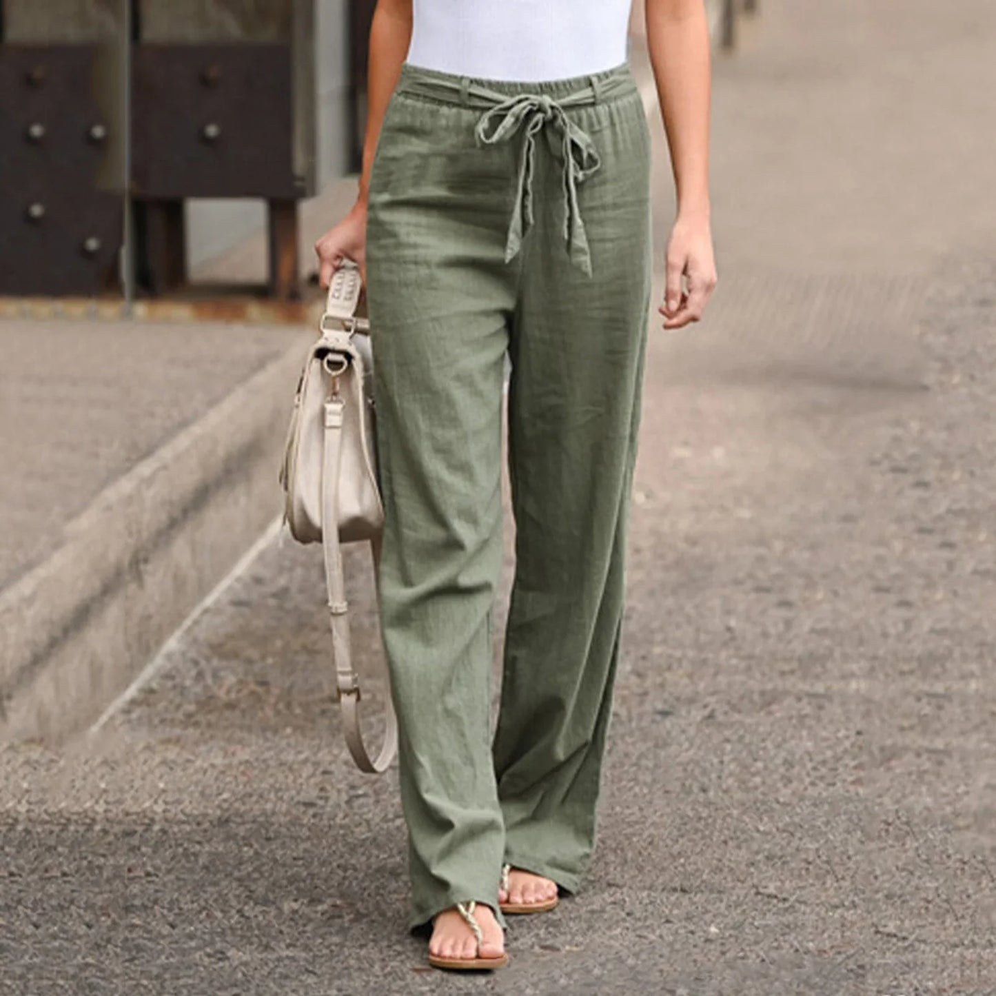 Damen Leinenhose mit Schleife – Weite Sommerhose mit hoher Taille