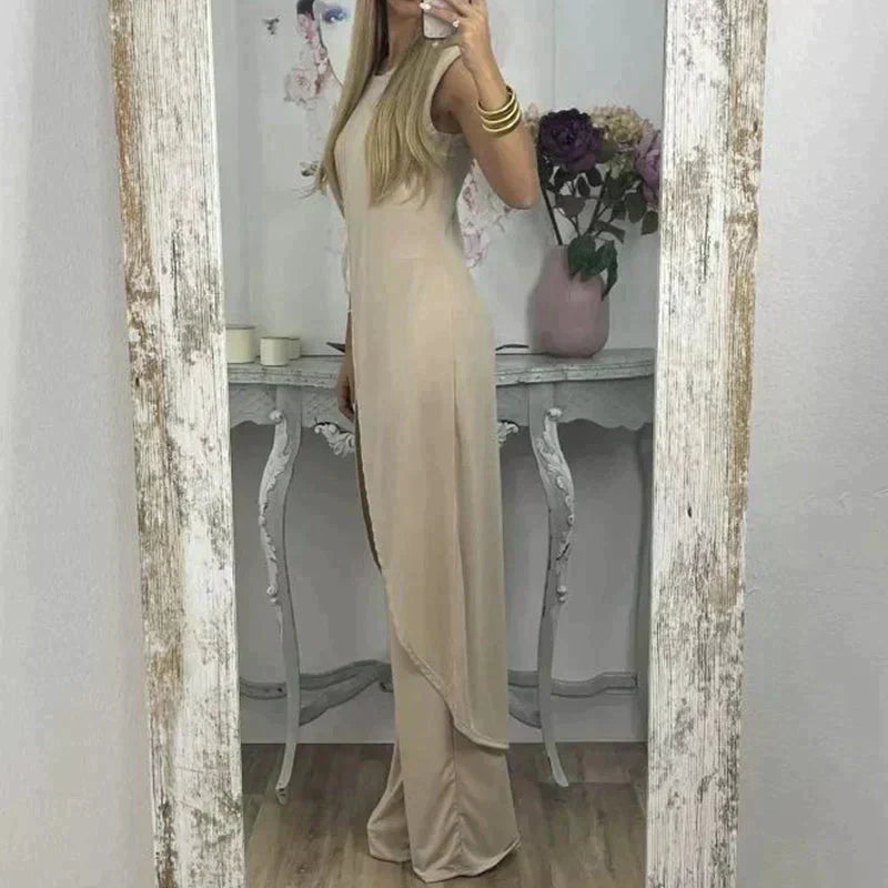 Eleganter ärmelloser Damen-Zweiteiler mit langem Überwurf und weitem Hosenbein – Perfekt für Abend, Events & Sommer