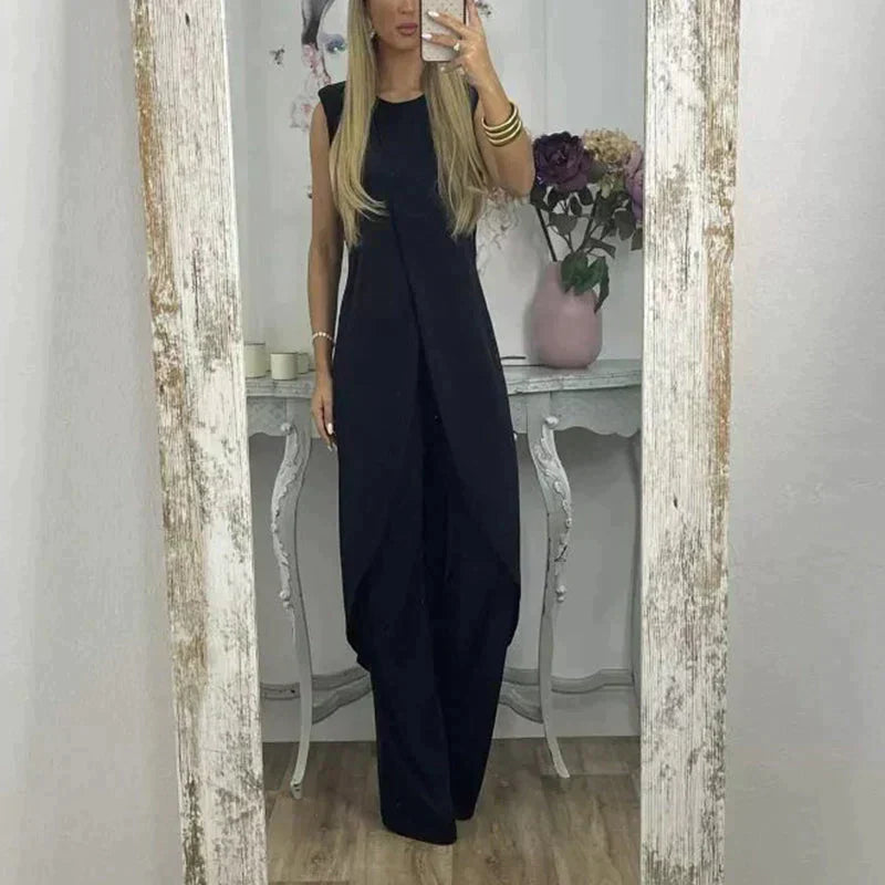 Eleganter ärmelloser Damen-Zweiteiler mit langem Überwurf und weitem Hosenbein – Perfekt für Abend, Events & Sommer