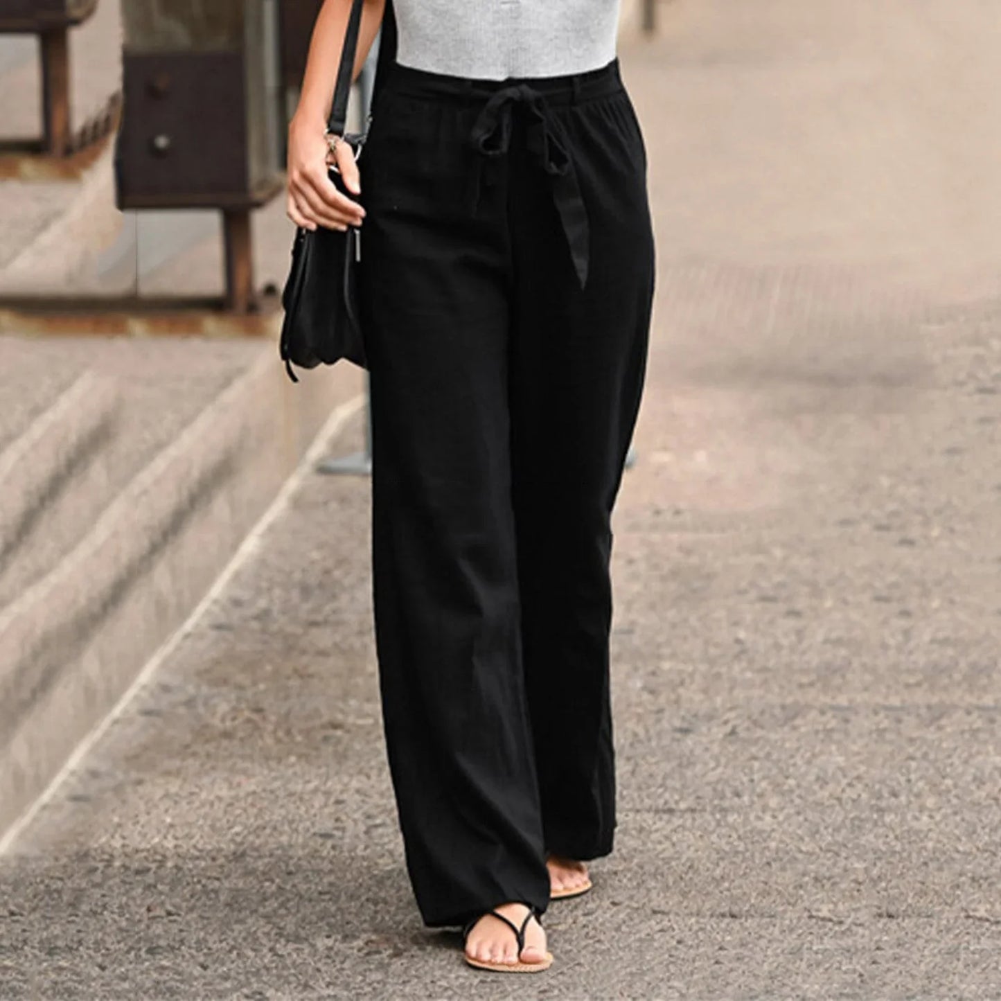 Damen Leinenhose mit Schleife – Weite Sommerhose mit hoher Taille