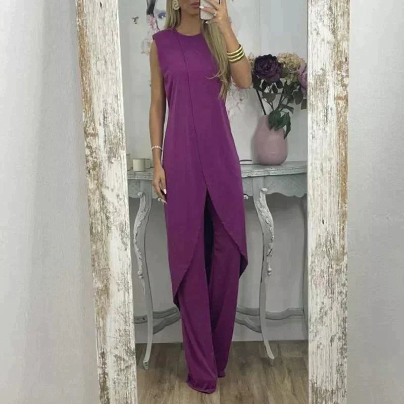 Eleganter ärmelloser Damen-Zweiteiler mit langem Überwurf und weitem Hosenbein – Perfekt für Abend, Events & Sommer
