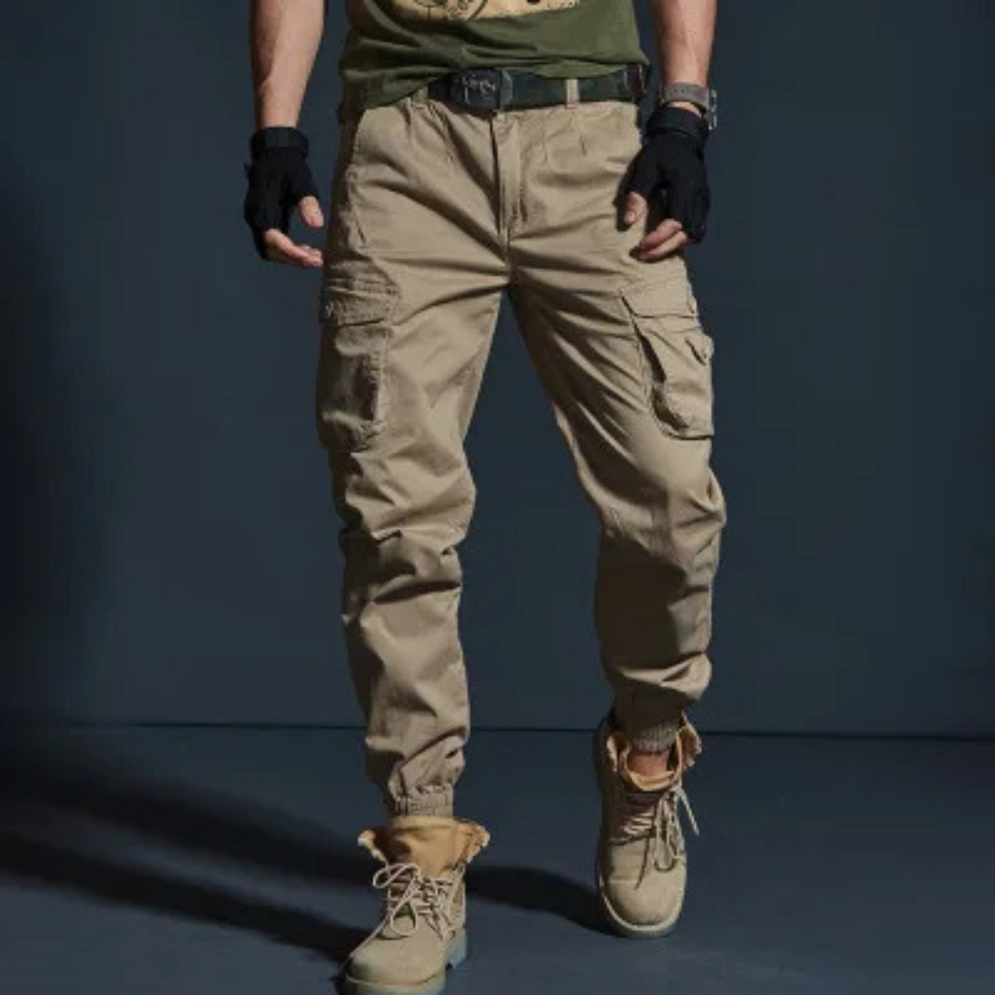 Khaki high-quality elastic waist cargo pants for men