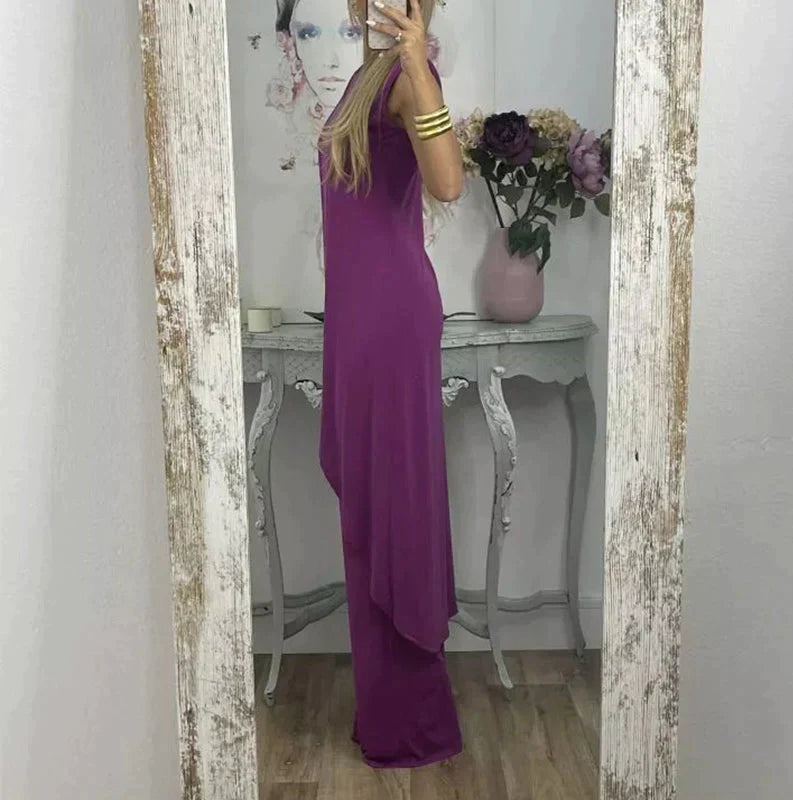 Eleganter ärmelloser Damen-Zweiteiler mit langem Überwurf und weitem Hosenbein – Perfekt für Abend, Events & Sommer