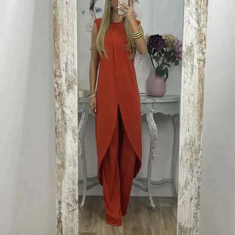 Eleganter ärmelloser Damen-Zweiteiler mit langem Überwurf und weitem Hosenbein – Perfekt für Abend, Events & Sommer