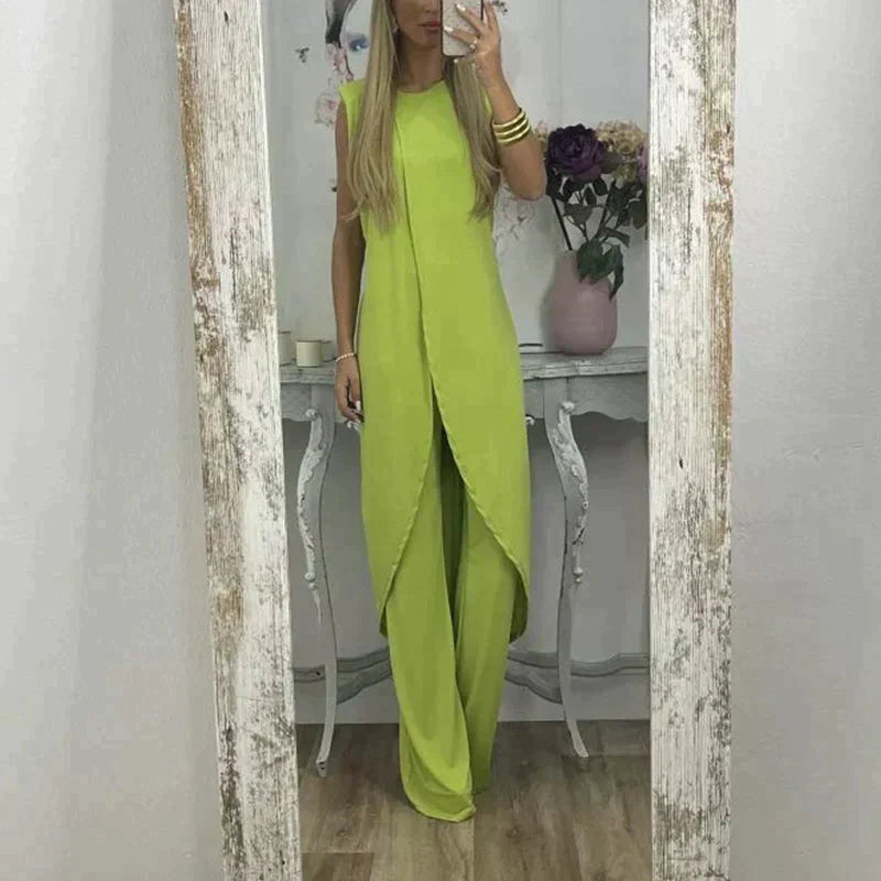 Eleganter ärmelloser Damen-Zweiteiler mit langem Überwurf und weitem Hosenbein – Perfekt für Abend, Events & Sommer