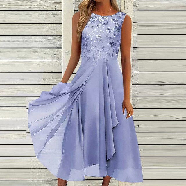 Elegantes Midi-Abendkleid für Damen – Ärmellos mit floralen Details & fließendem Rock