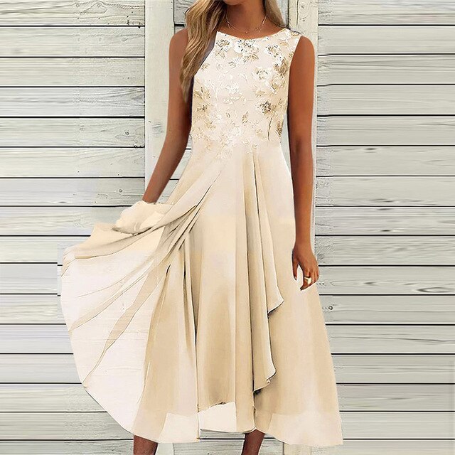 Elegantes Midi-Abendkleid für Damen – Ärmellos mit floralen Details & fließendem Rock