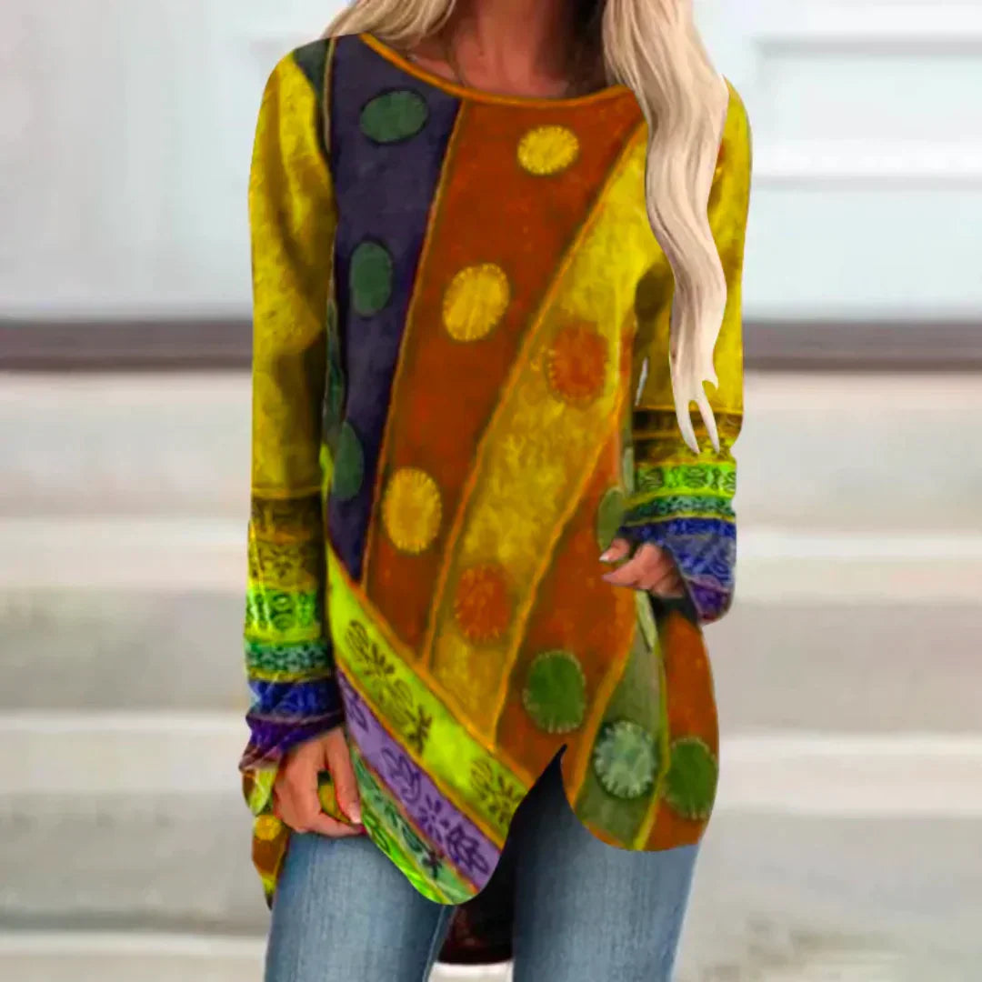 Boho Longsleeve Tunika mit abstraktem Muster & asymmetrischem Saum – Bequemer Oversize Pullover für Herbst & Freizeit