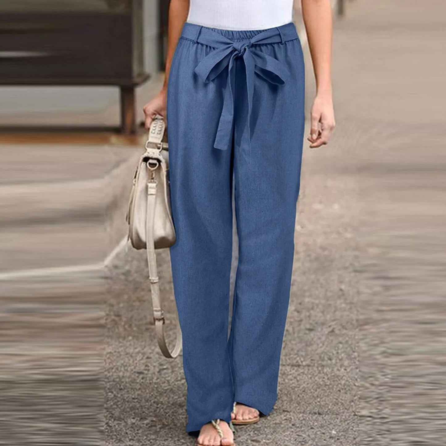 Damen Leinenhose mit Schleife – Weite Sommerhose mit hoher Taille