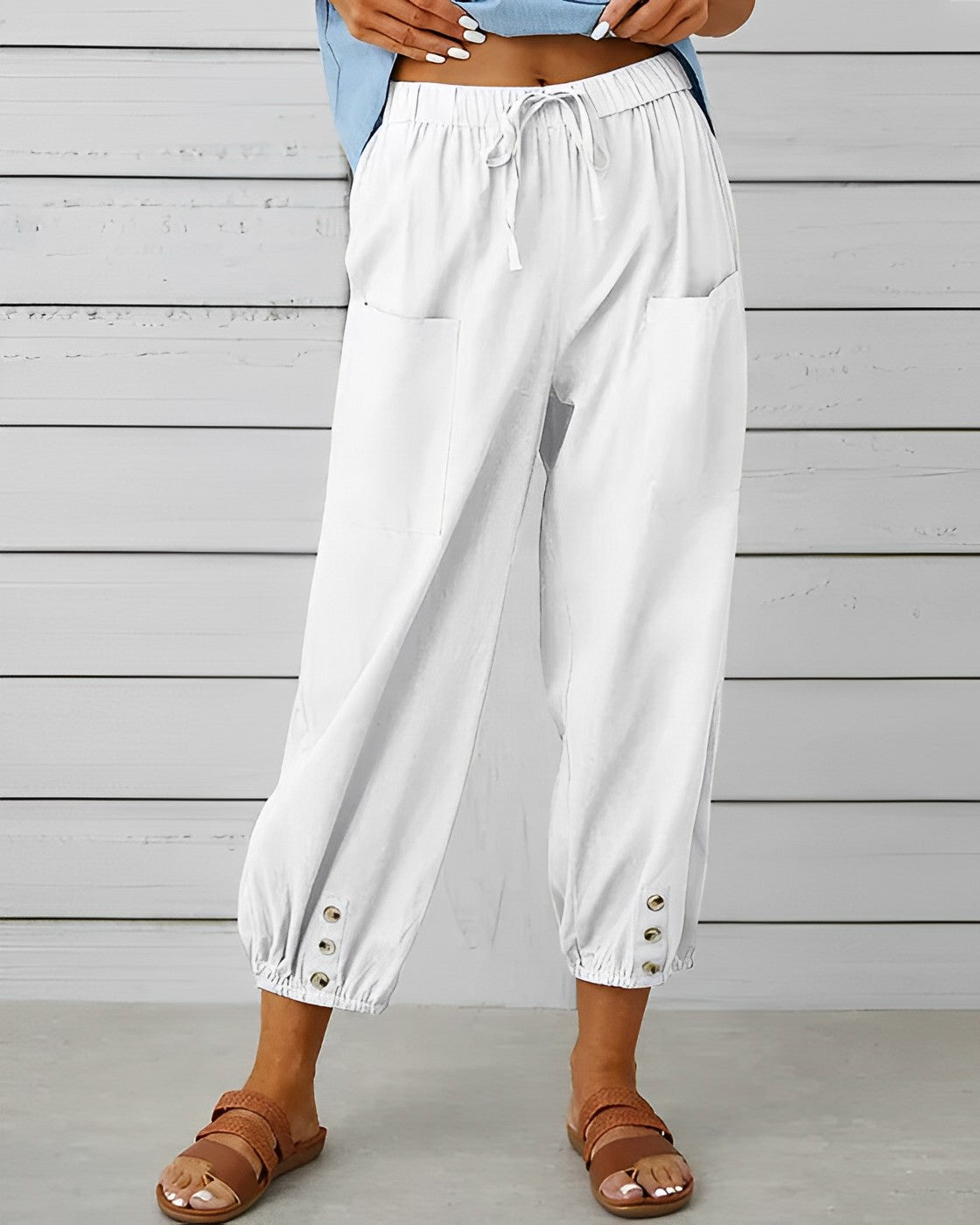 Damen Sommerhose mit Elastischem Bund und Knopf-Detail – Lässiger Cropped Look für Alltag & Urlaub