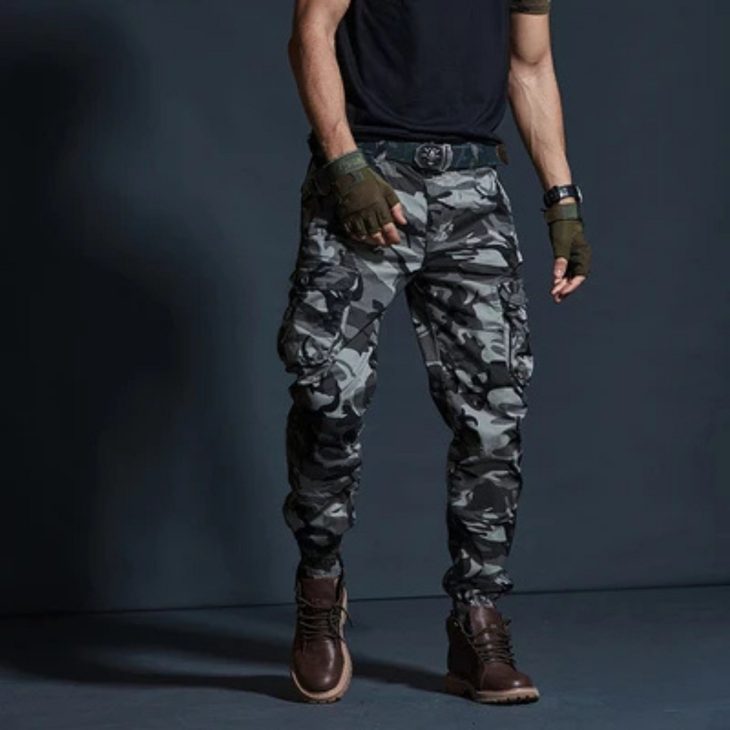 Khaki high-quality elastic waist cargo pants for men