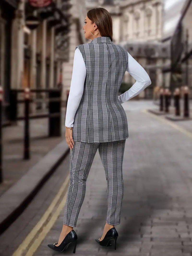 Plus Size Plaid Print Zweiteiliges Set, Elegantes Zweireiher