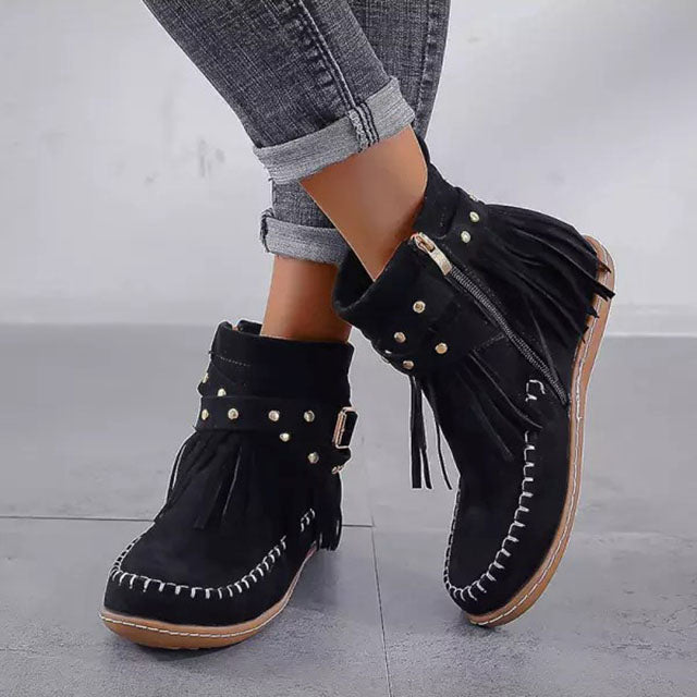 Damen Stiefeletten mit Fransen, Schnallen & Nieten – Mokassin Boots im Boho Western Look