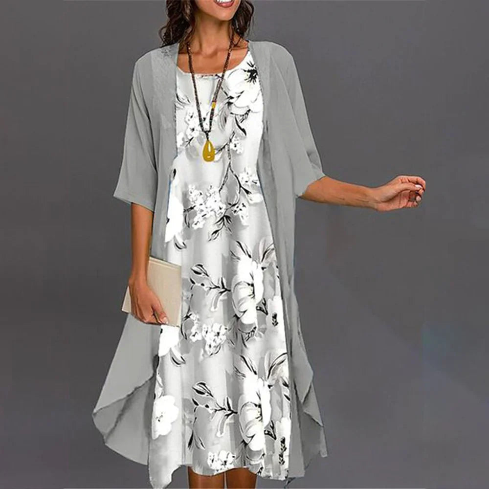 Zweiteiliges Damenkleid mit floralem Print & Chiffon-Jacke – Elegantes Midikleid mit Rundhalsausschnitt für Hochzeit, Sommer & Events