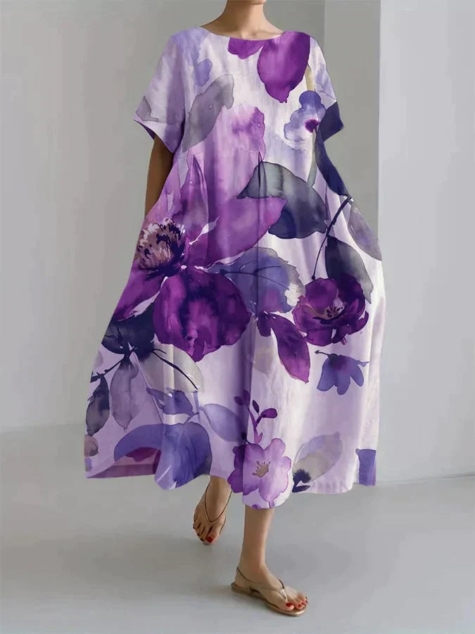 Locker geschnittenes Leinenkleid mit floralem Aquarell-Print