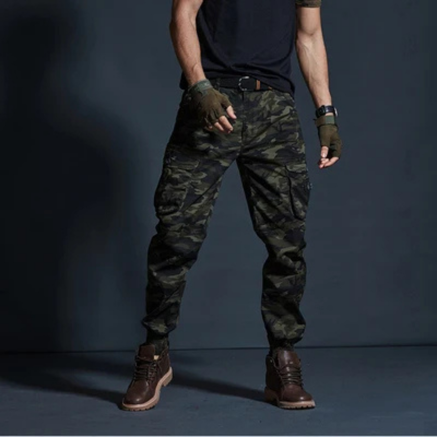 Khaki high-quality elastic waist cargo pants for men