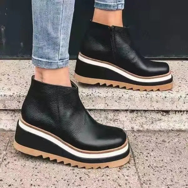 Damen Plateau-Stiefeletten – Modische Ankle Boots mit Zickzack-Sohle und Reißverschluss