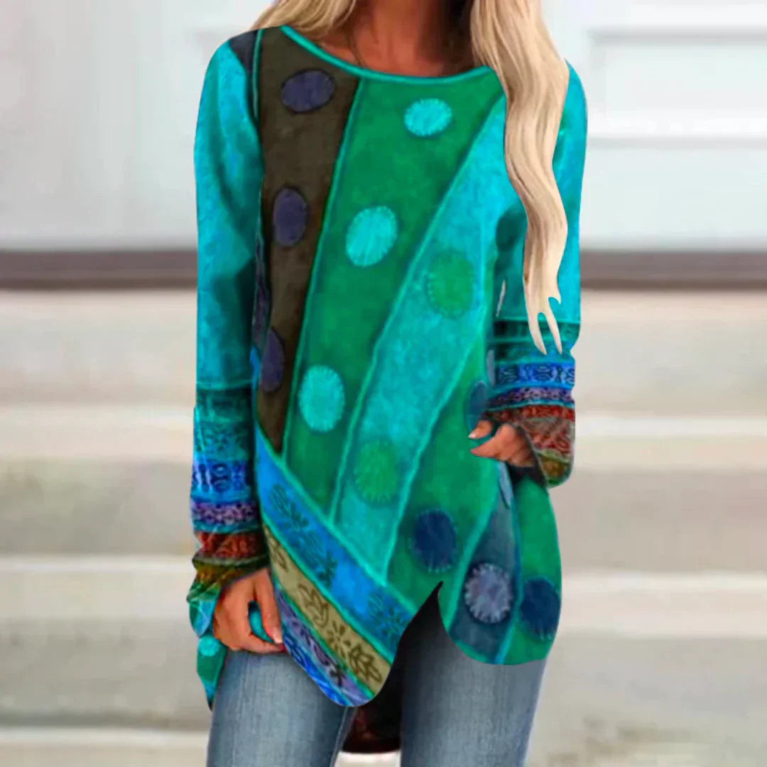 Boho Longsleeve Tunika mit abstraktem Muster & asymmetrischem Saum – Bequemer Oversize Pullover für Herbst & Freizeit