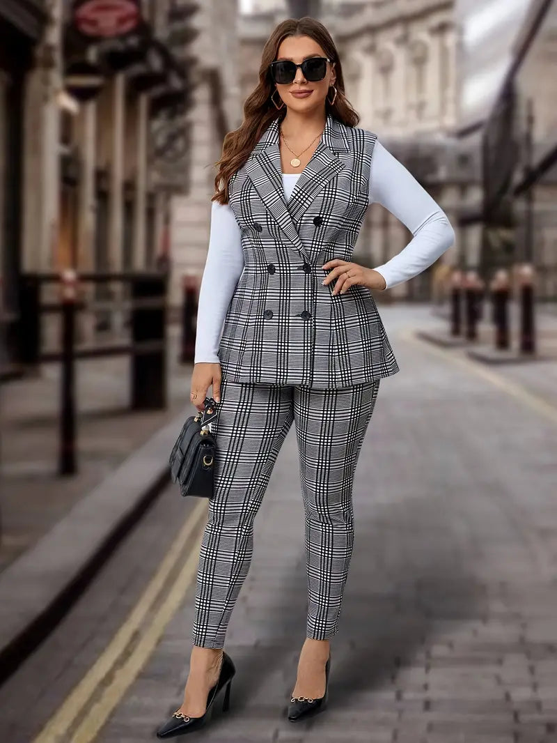 Plus Size Plaid Print Zweiteiliges Set, Elegantes Zweireiher