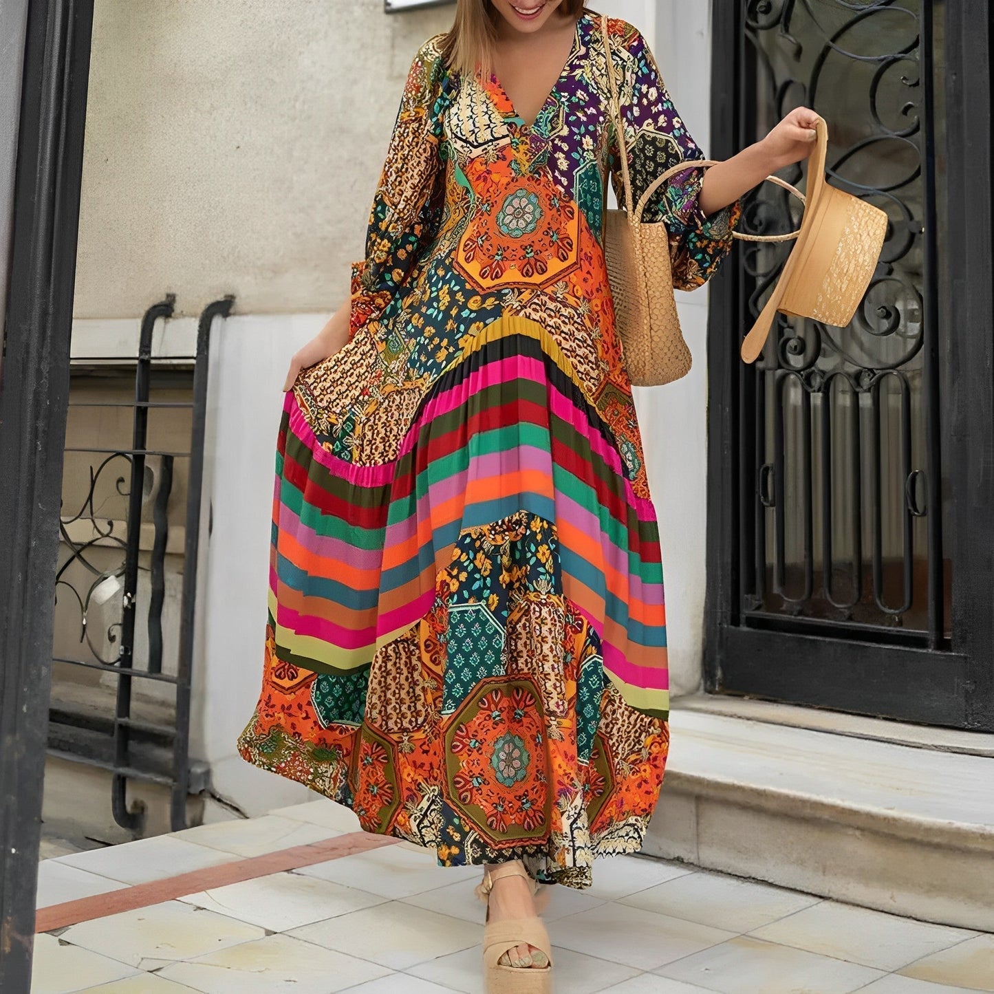Maxikleid im Boho-Chic mit V-Ausschnitt und Achteck-Print