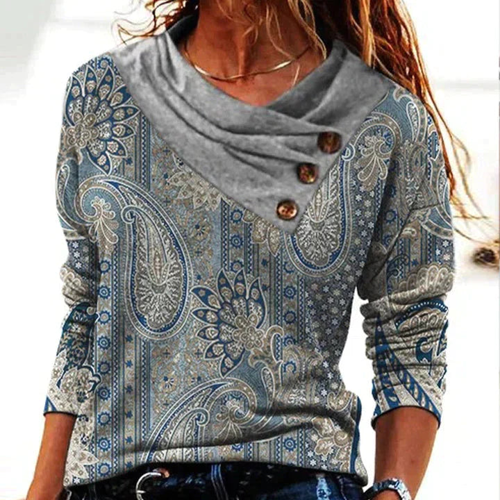 Damen Langarm‑Pullover mit Boho‑Paisley‑Muster und Schalkragen