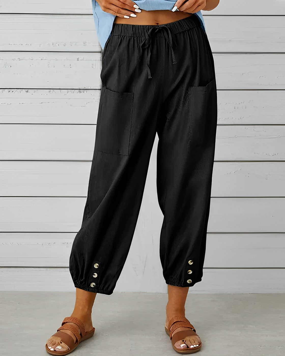 Damen Sommerhose mit Elastischem Bund und Knopf-Detail – Lässiger Cropped Look für Alltag & Urlaub