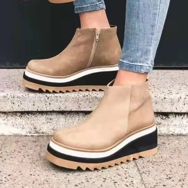 Damen Plateau-Stiefeletten – Modische Ankle Boots mit Zickzack-Sohle und Reißverschluss