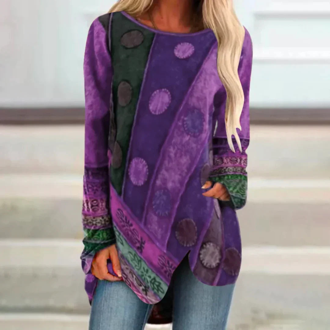 Boho Longsleeve Tunika mit abstraktem Muster & asymmetrischem Saum – Bequemer Oversize Pullover für Herbst & Freizeit