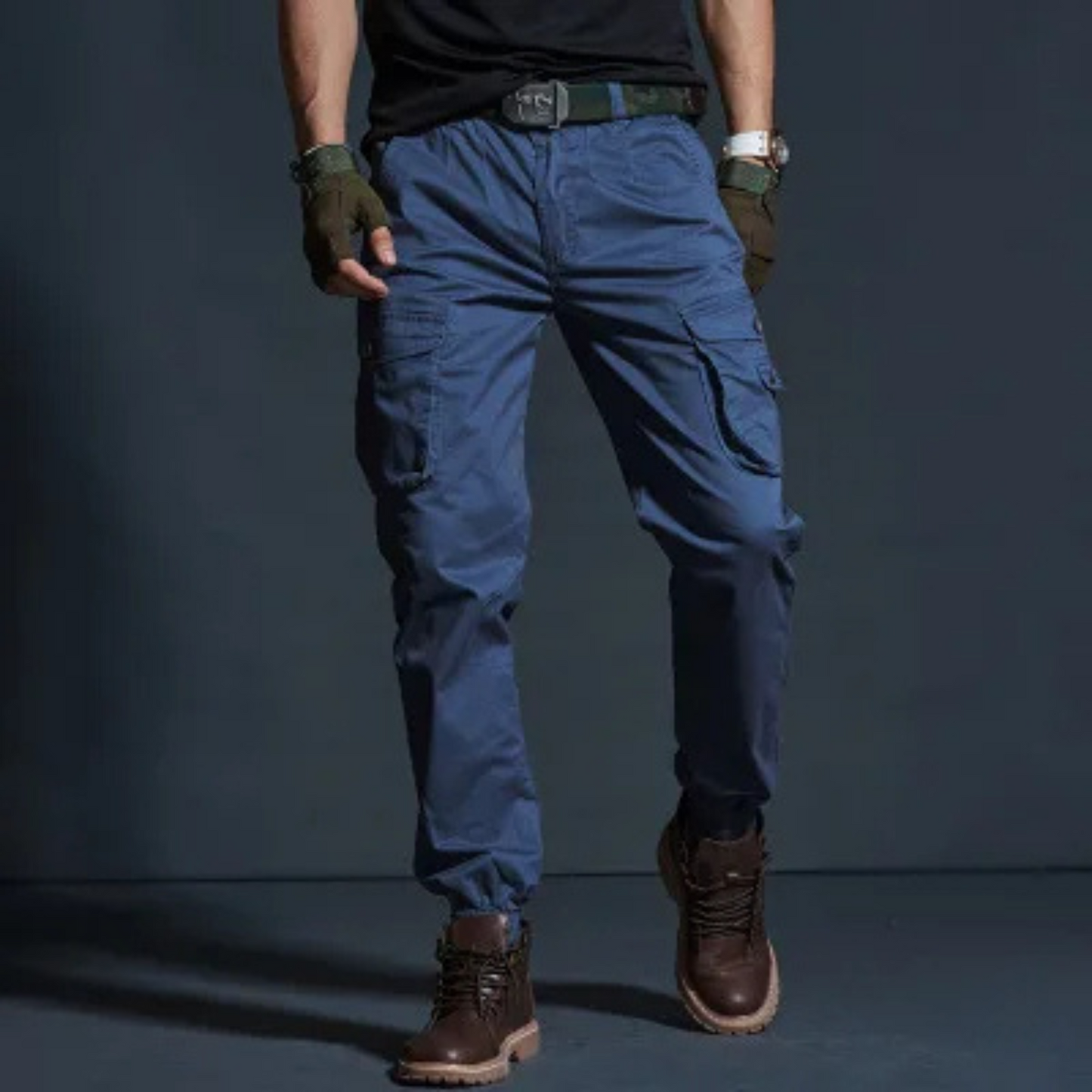Khaki high-quality elastic waist cargo pants for men