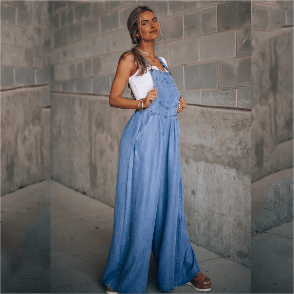 Damen Latzhose aus Denim – Weite Beinpassform mit Retro-Vibe