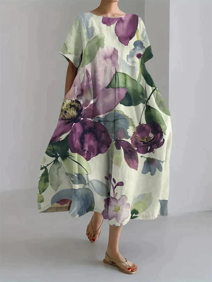 Locker geschnittenes Leinenkleid mit floralem Aquarell-Print