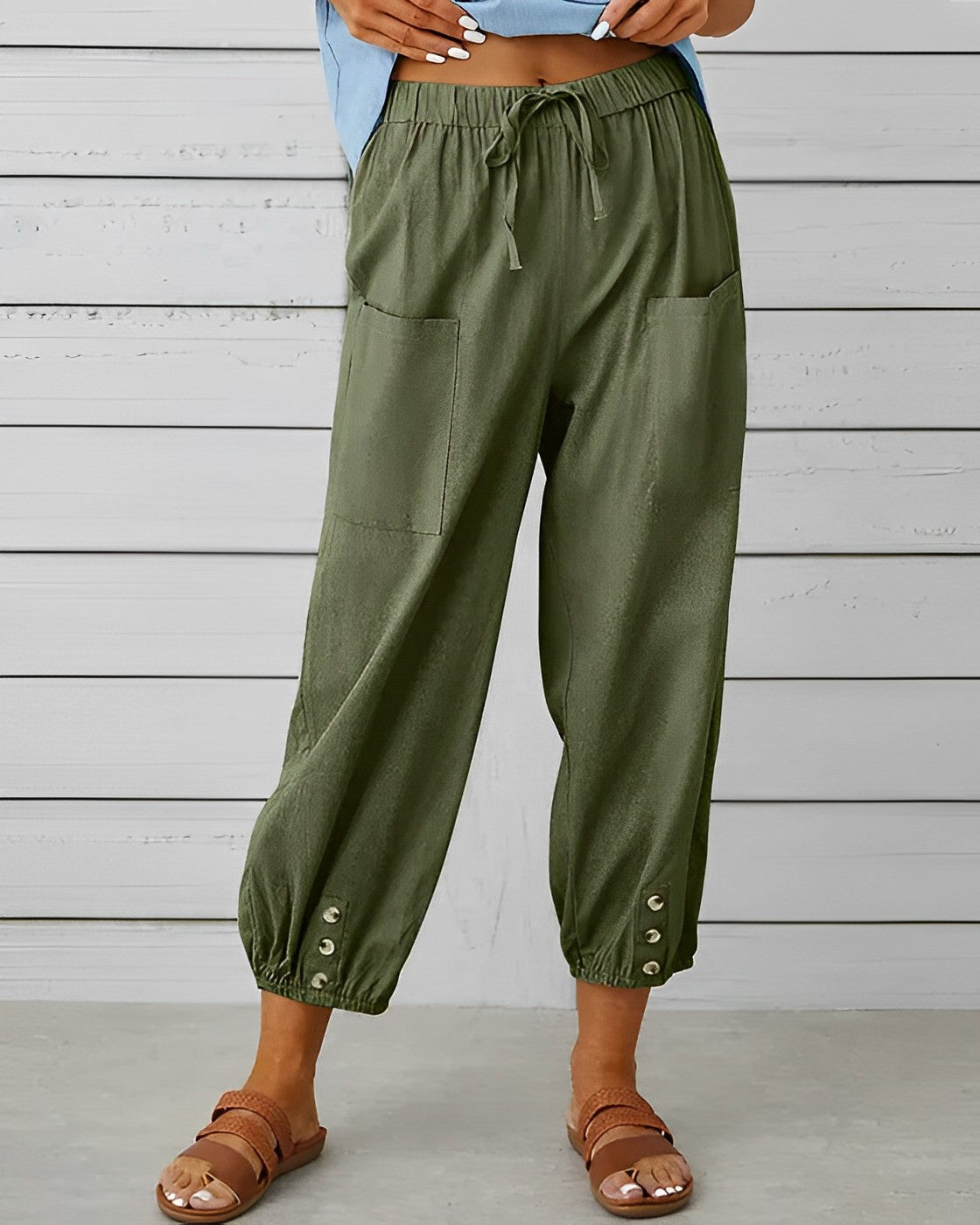 Damen Sommerhose mit Elastischem Bund und Knopf-Detail – Lässiger Cropped Look für Alltag & Urlaub