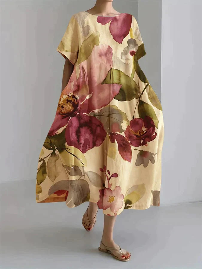 Locker geschnittenes Leinenkleid mit floralem Aquarell-Print