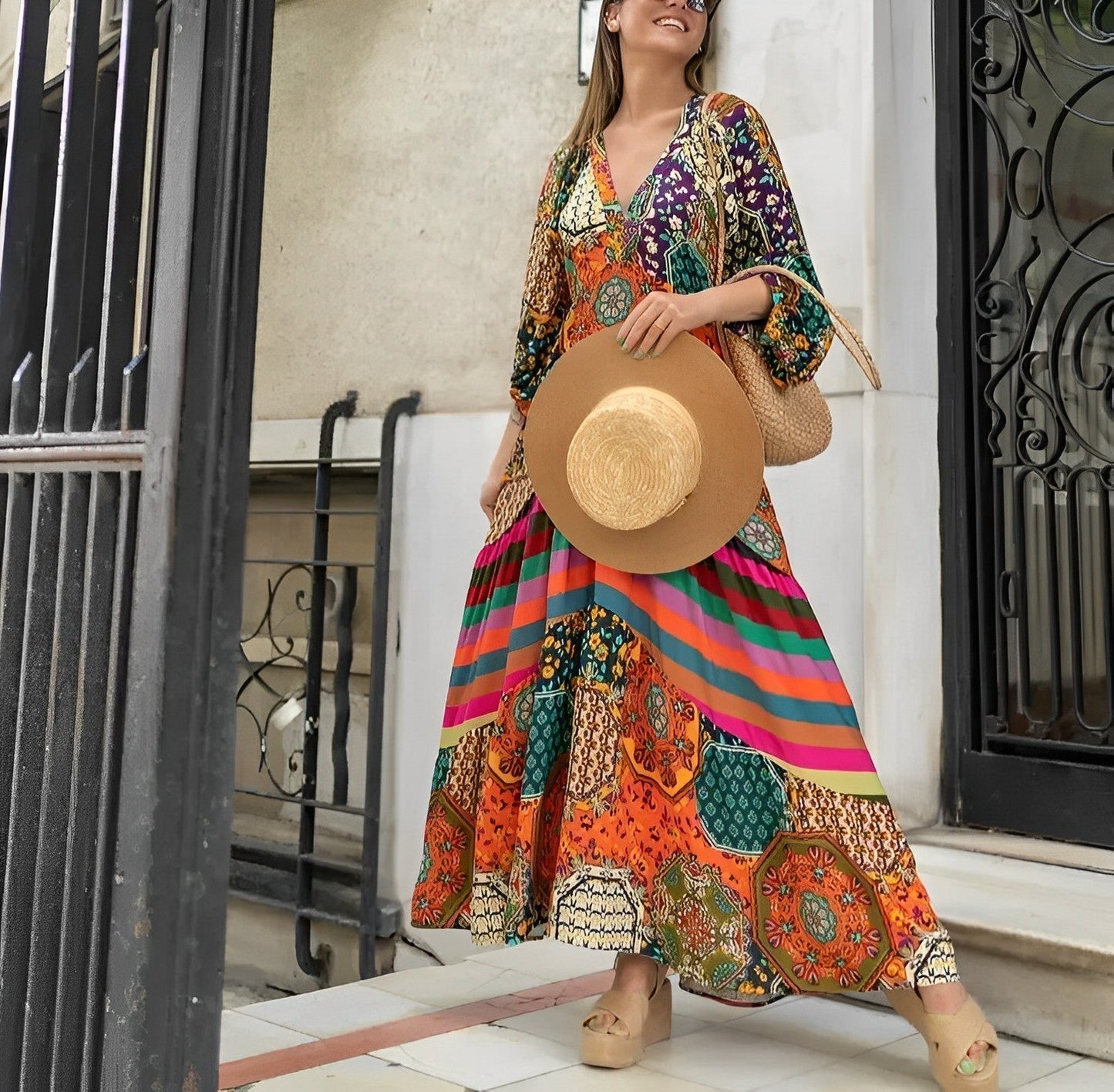 Maxikleid im Boho-Chic mit V-Ausschnitt und Achteck-Print
