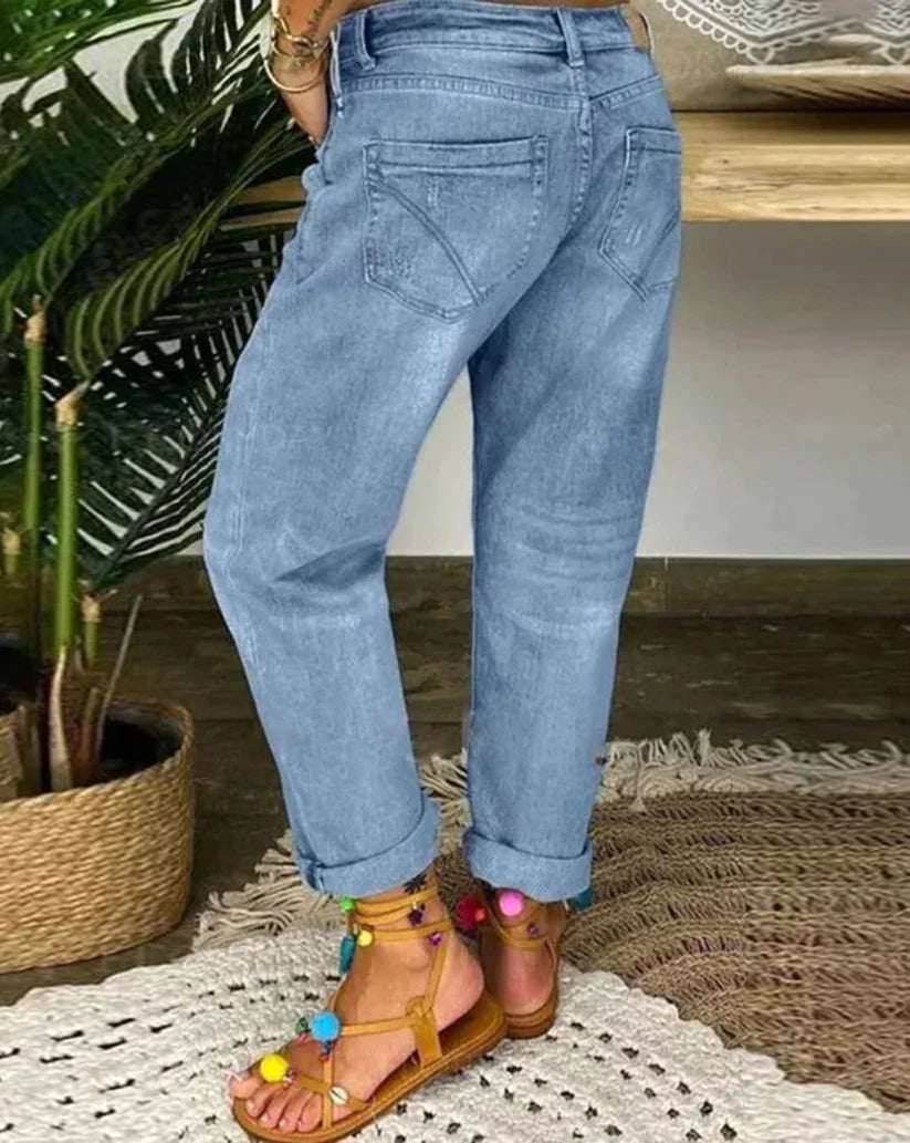 Boyfriend-Jeans mit Knopfleiste und Destroyed-Details – Locker geschnittene Damenjeans für Alltag, Streetstyle & Freizeit