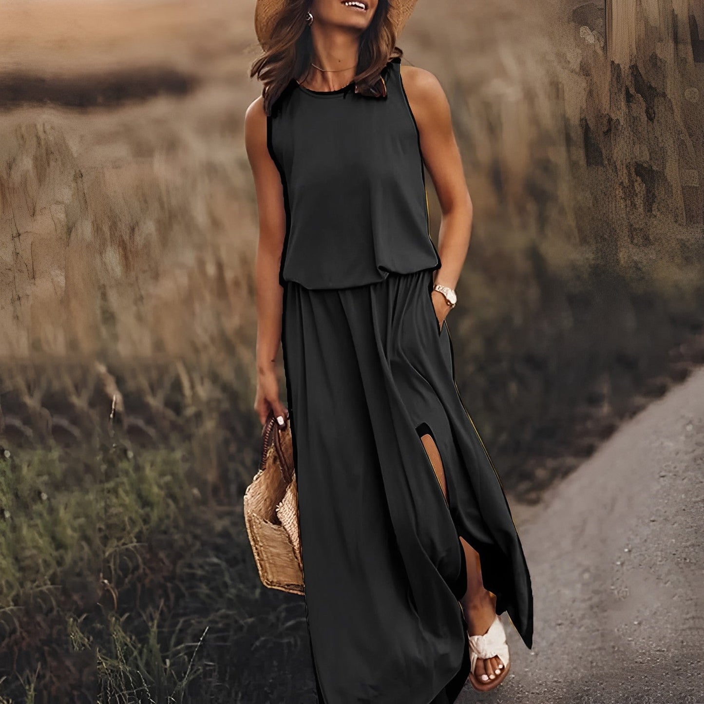 Ärmelloses Maxikleid mit Schlitz & Taillenstretch – Sommer Boho-Look