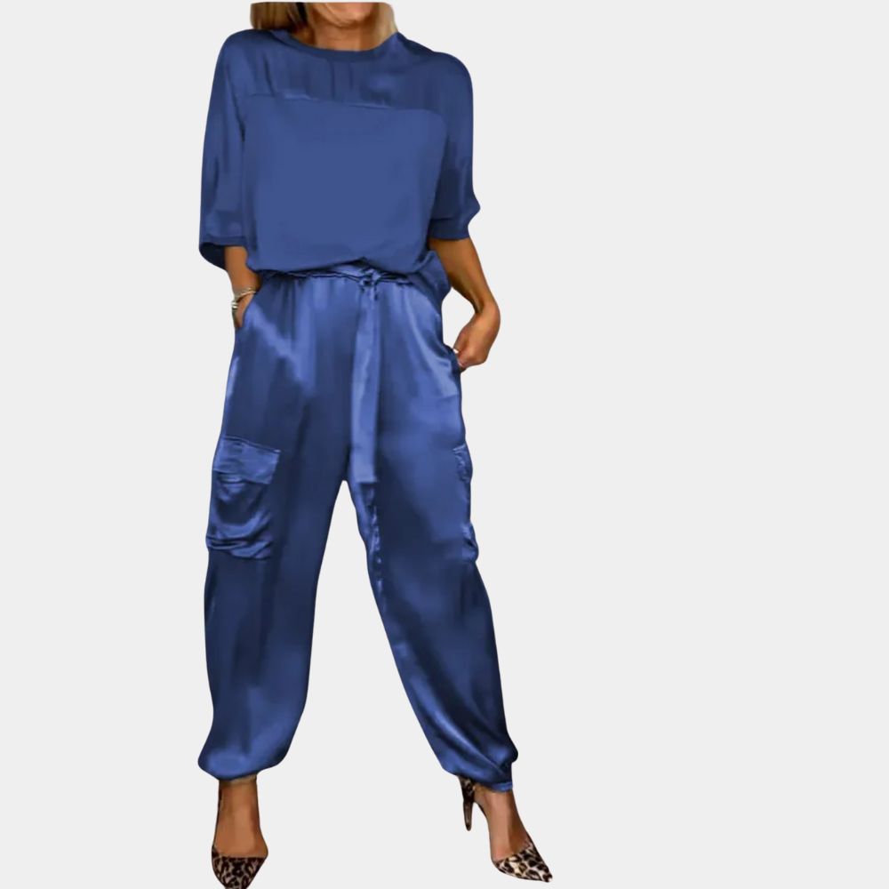 Zweiteiliges Damen Set aus Satin – Lockeres Oberteil und Satin-Cargo-Hose mit Taschen für elegante Streetwear-Looks