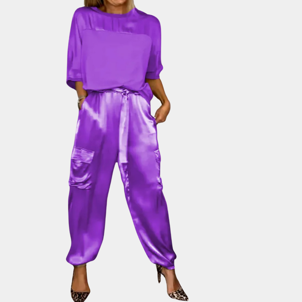 Zweiteiliges Damen Set aus Satin – Lockeres Oberteil und Satin-Cargo-Hose mit Taschen für elegante Streetwear-Looks
