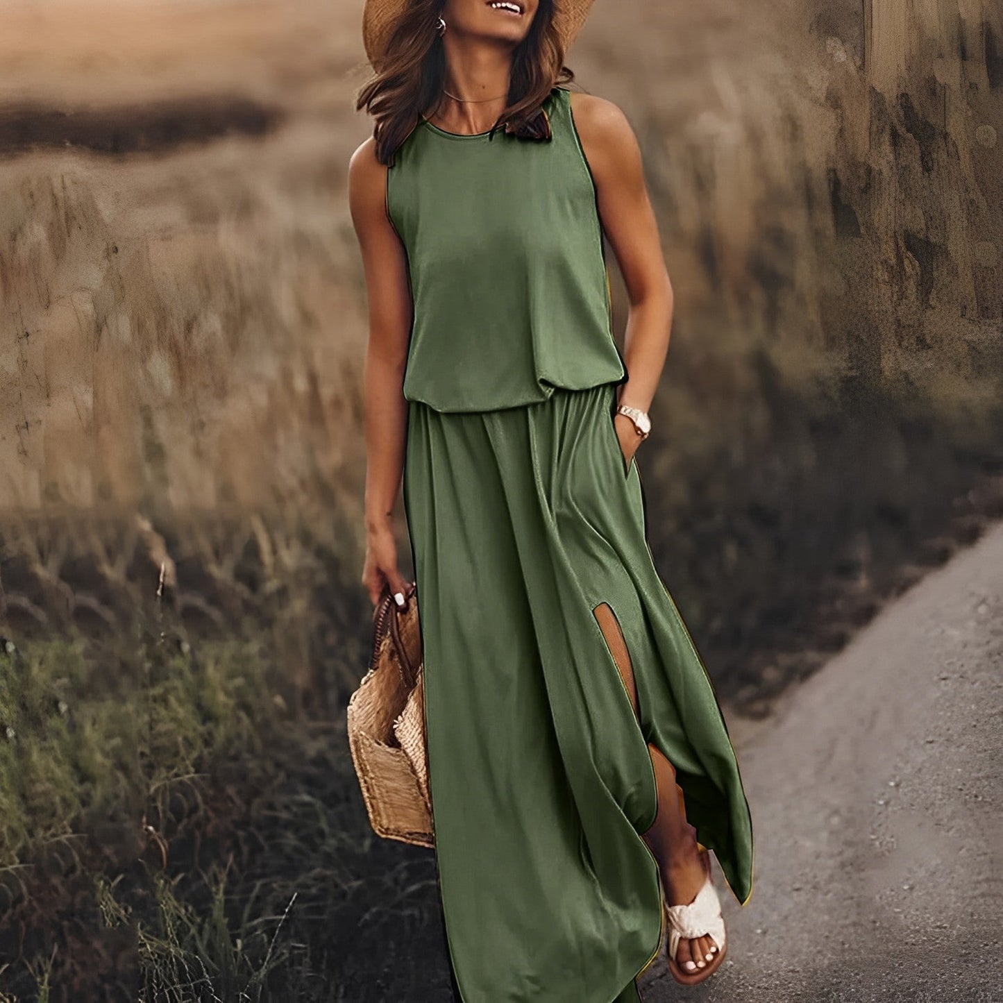 Ärmelloses Maxikleid mit Schlitz & Taillenstretch – Sommer Boho-Look