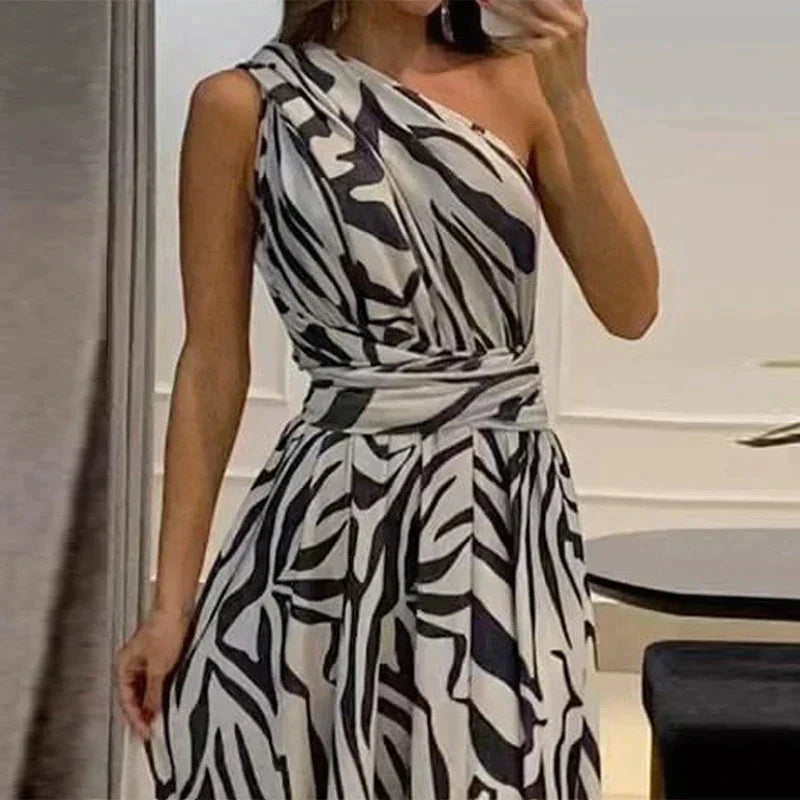 Elegantes One-Shoulder Maxikleid mit Zebra-Print & Beinschlitz – Für besondere Anlässe