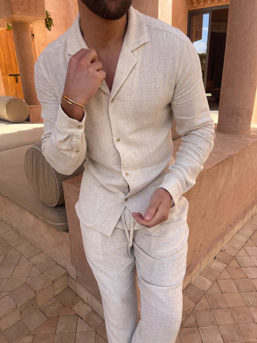 Zweiteiliges Herren Set aus Leinen – Hemd mit Reverskragen & Hose mit Tunnelzug für Sommer, Urlaub & entspannte Outfits