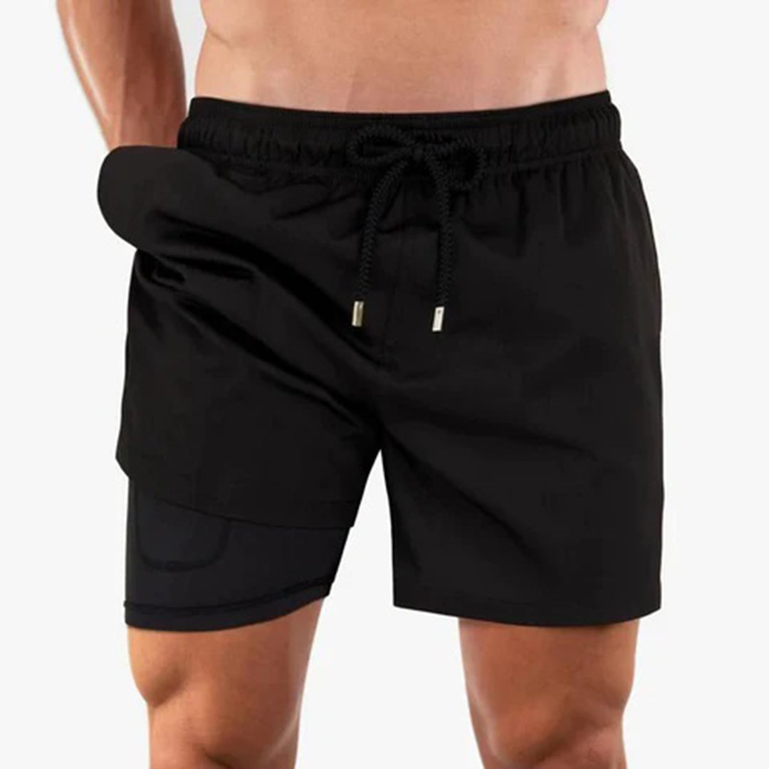 Herren Badeshorts mit Innenfutter – Schnelltrocknende Badehose mit Palmenprint & integrierter Kompressionshose