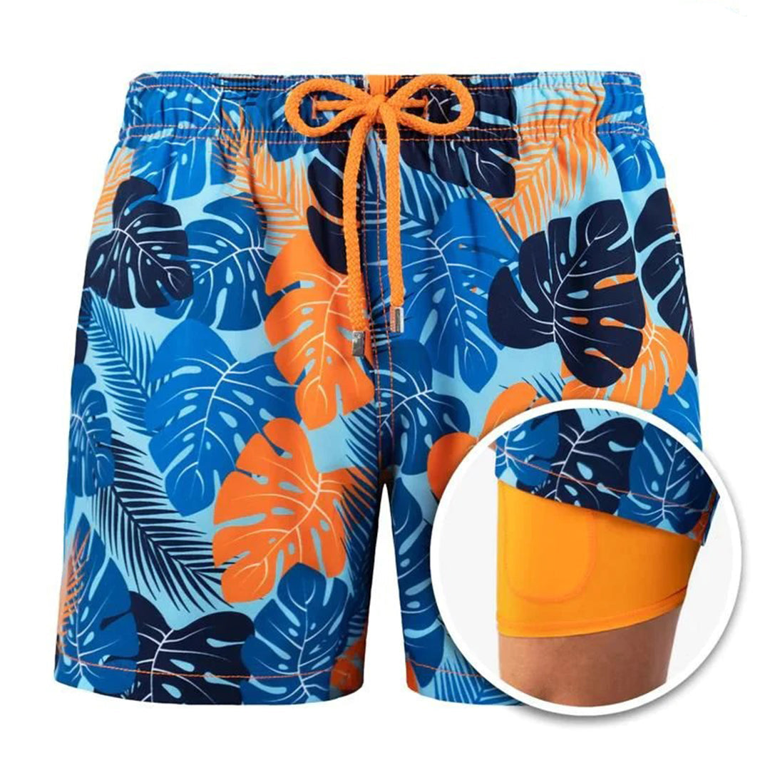 Herren Badeshorts mit Innenfutter – Schnelltrocknende Badehose mit Palmenprint & integrierter Kompressionshose