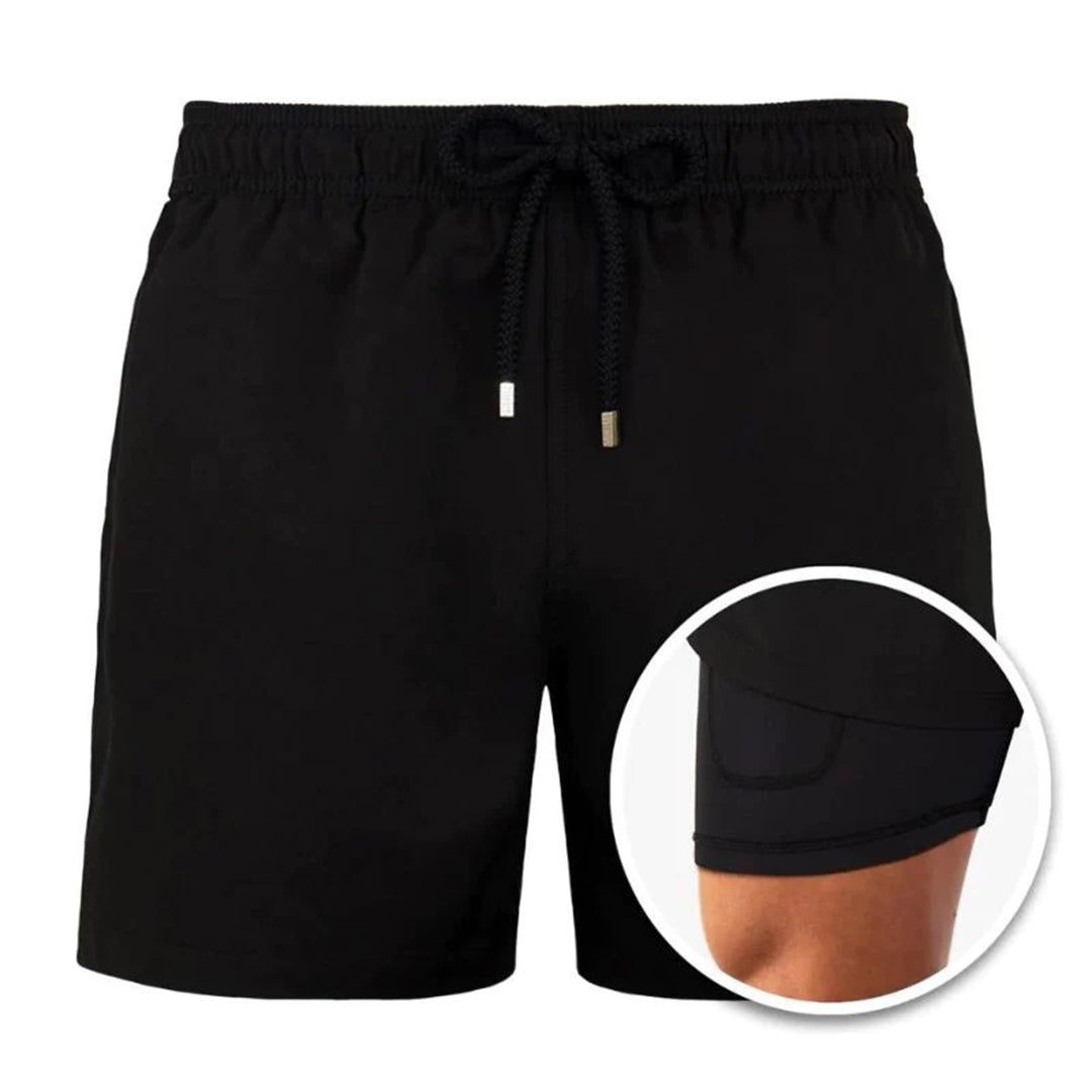 Herren Badeshorts mit Innenfutter – Schnelltrocknende Badehose mit Palmenprint & integrierter Kompressionshose