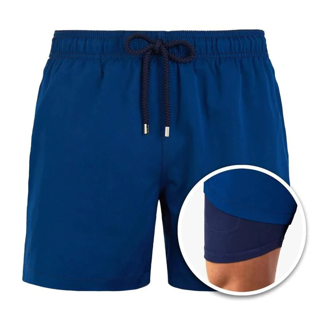 Herren Badeshorts mit Innenfutter – Schnelltrocknende Badehose mit Palmenprint & integrierter Kompressionshose