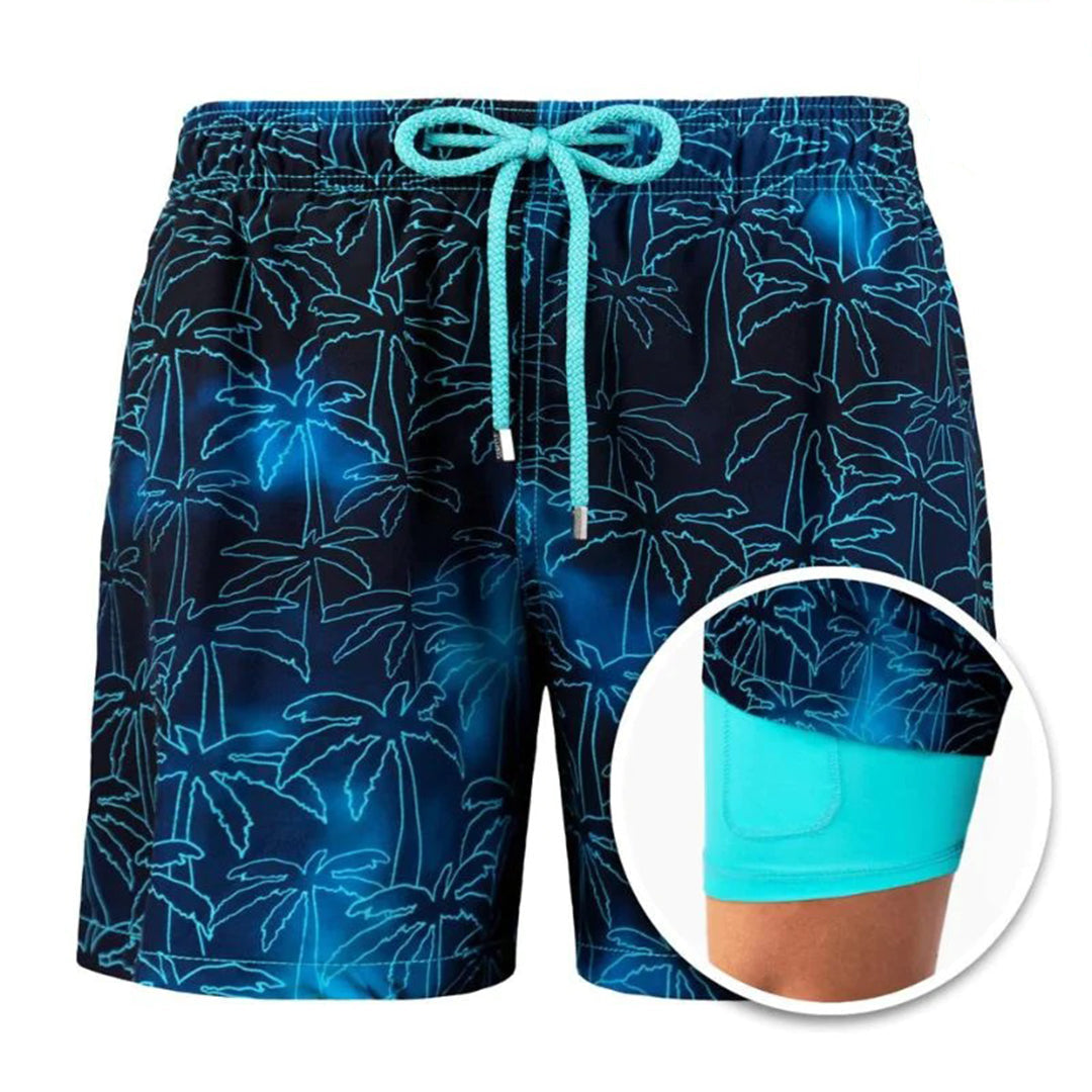 Herren Badeshorts mit Innenfutter – Schnelltrocknende Badehose mit Palmenprint & integrierter Kompressionshose