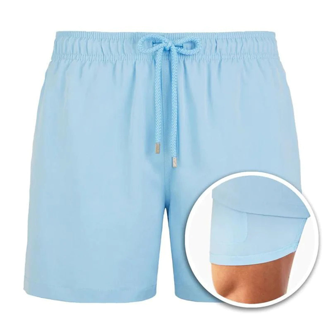 Herren Badeshorts mit Innenfutter – Schnelltrocknende Badehose mit Palmenprint & integrierter Kompressionshose