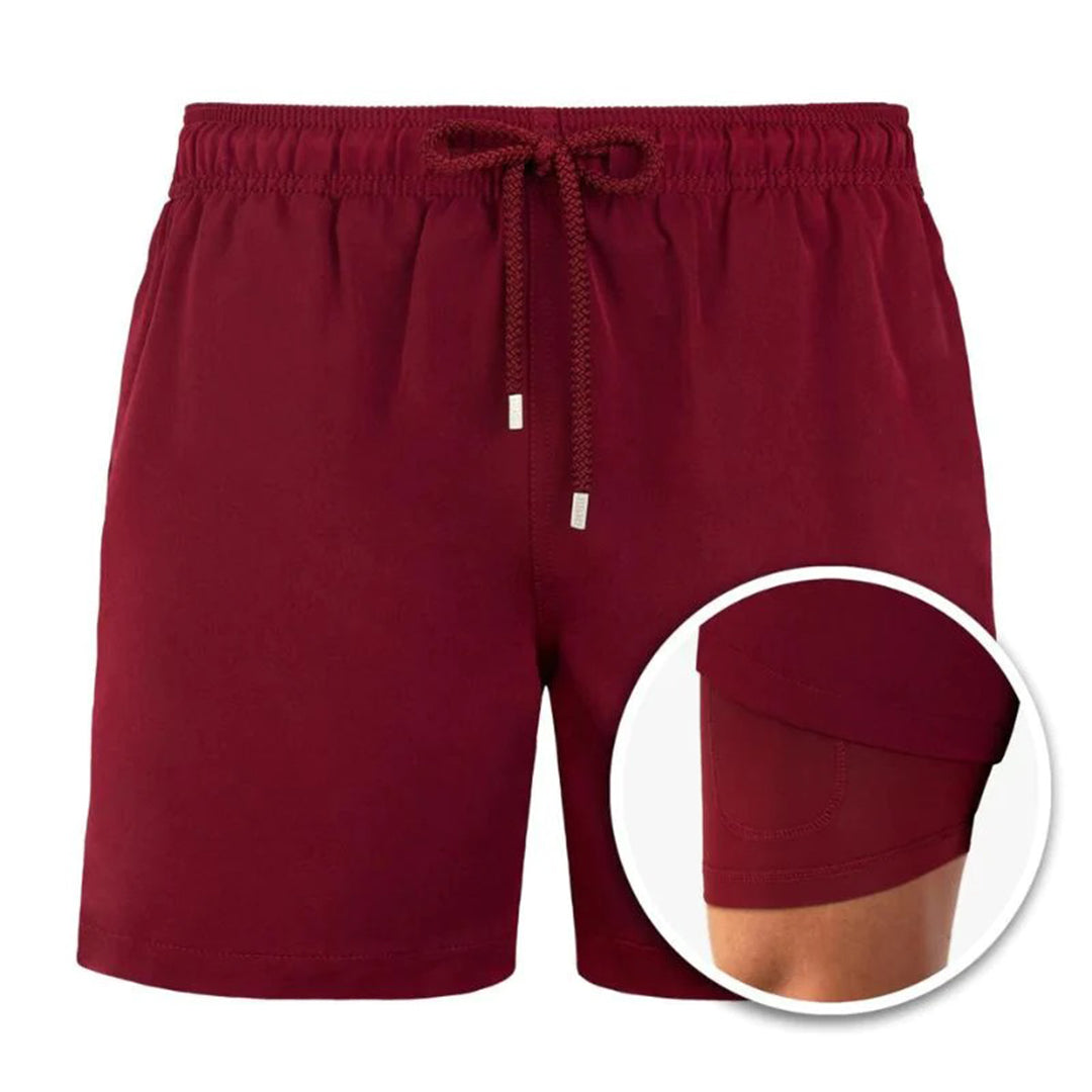 Herren Badeshorts mit Innenfutter – Schnelltrocknende Badehose mit Palmenprint & integrierter Kompressionshose