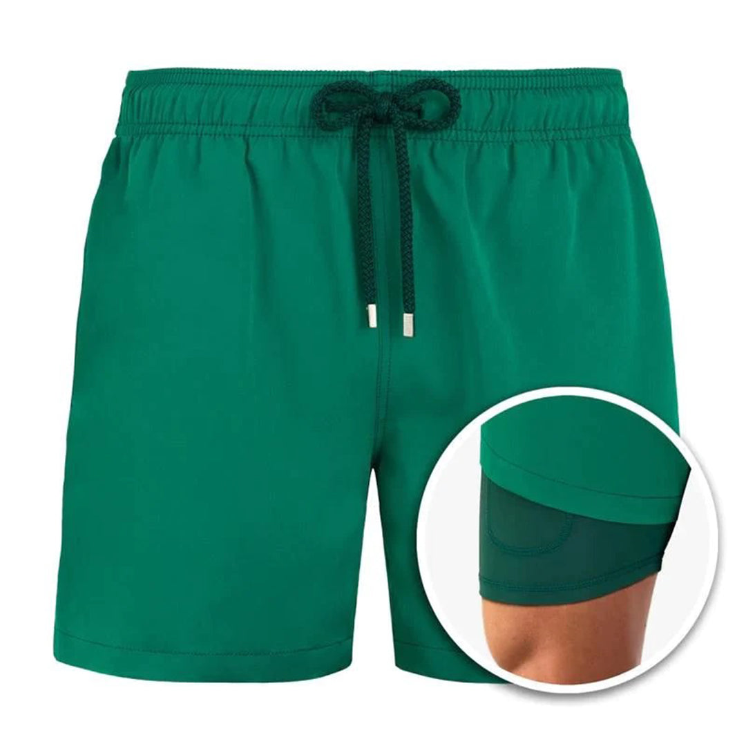 Herren Badeshorts mit Innenfutter – Schnelltrocknende Badehose mit Palmenprint & integrierter Kompressionshose