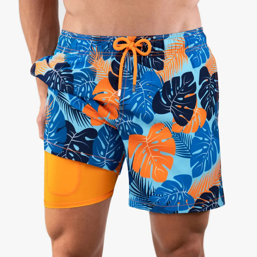 Herren Badeshorts mit Innenfutter – Schnelltrocknende Badehose mit Palmenprint & integrierter Kompressionshose